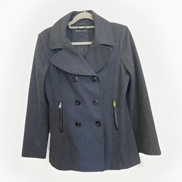 Black Rivet Jackets & Blazers - Black Rivet Wool‎ Blend Black Double Breasted Zip Pockets Peacoat Women M